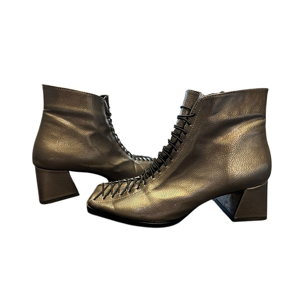 Custom Made Metallic Leather Lace-Up Square Toe Ankle Boots,‎ 8.5
